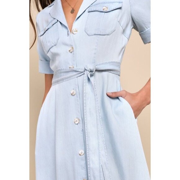 Lulu’s Blue Chambray Collared Midi Dress With Pockets Size M - Picture 5 of 8